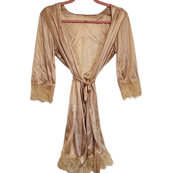 Other - Vintage Satin Lace Robe Kimono Duster Gold Beige Glam Lingerie
